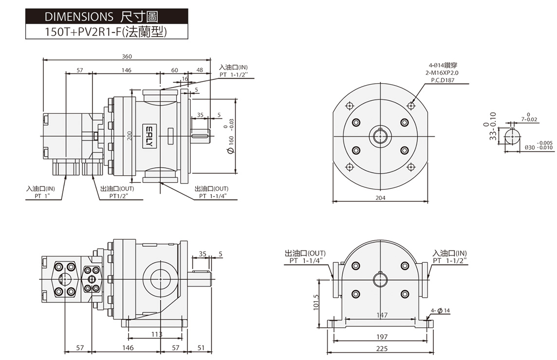 High-Pressure Fixed Pump 150T + PV2R1 / 2R2 Dimensions