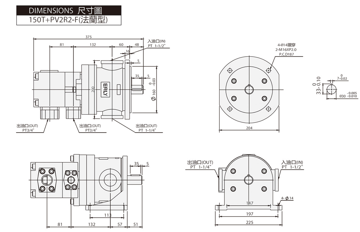 High-Pressure Fixed Pump 150T + PV2R1 / 2R2 Dimensions