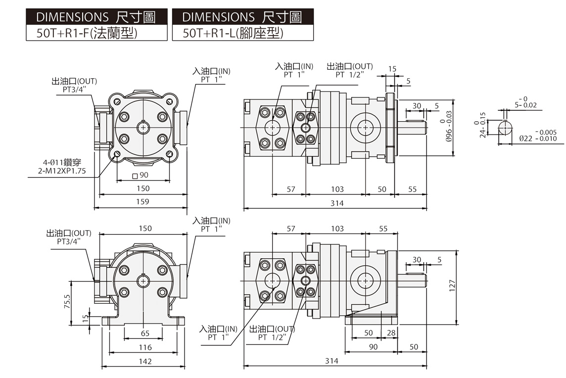High-Low Tandem Fixed Pump 50T + PV2R1 Dimensions