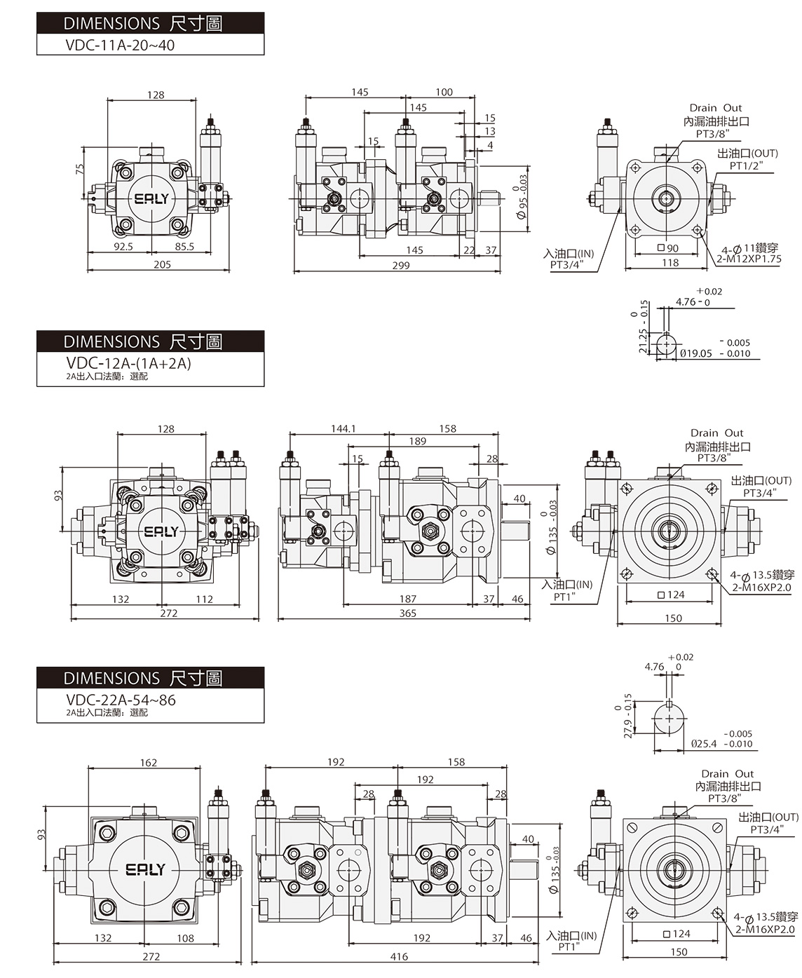 High-Low Pressure Tandem Pump VDC - Tandem Dimensions